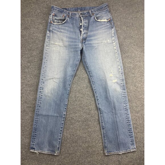 Levis 501 Jeans Mens 35x34 Blue Button Fly Straight Leg Distressed Faded Denim - Picture 1 of 11